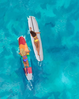 Aerial view illustration of two women relaxing on surfboards in turquoise ocean water