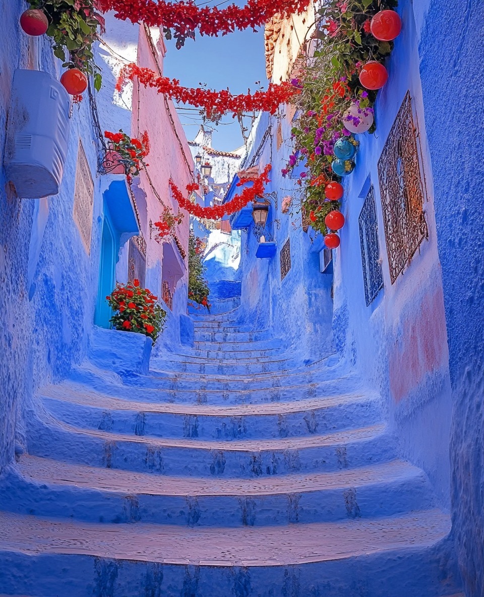 Blue painted stairway alley in Chefchaouen decorated with red lanterns and flowers
