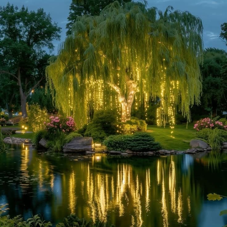 Weping willow tree covered in golden fairy lights reflecting in a garden pond at dusk