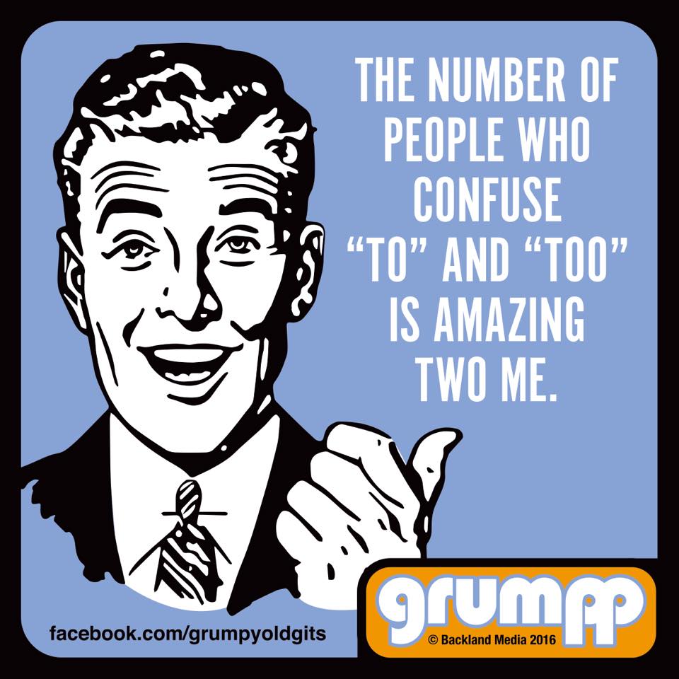 Retro illustration of smiling man in suit with grammar joke about to and too on blue background