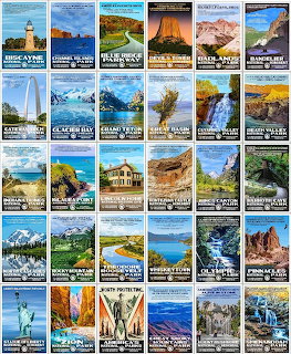 Grid of illustrated vintage-style postcards depicting various US national parks with scenic landscapes