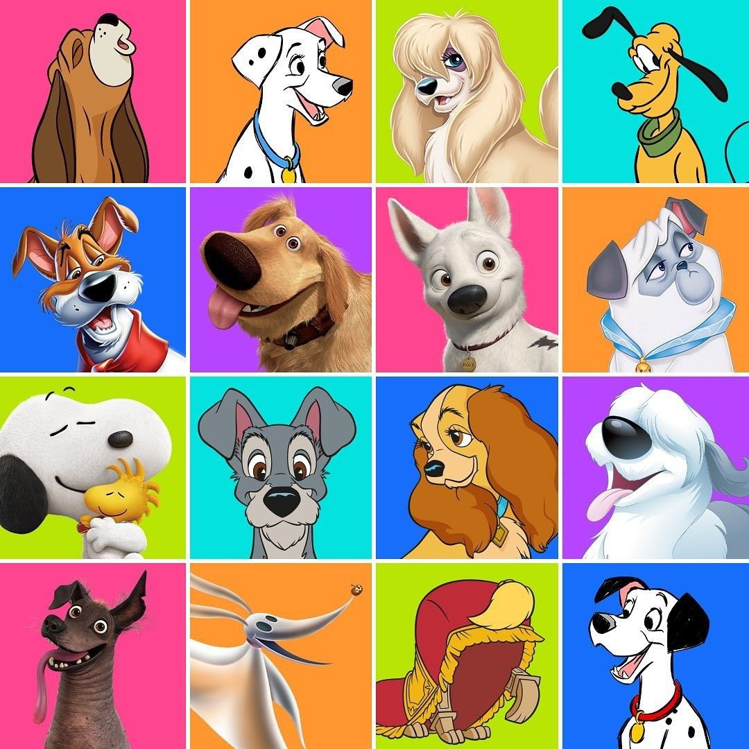 Grid of 16 Disney animated dog characters on bright colored squares