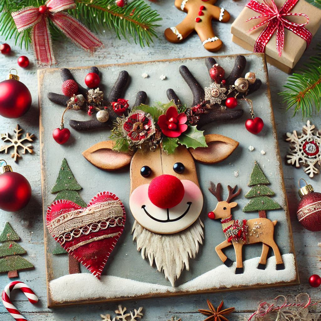 Christmas reindeer cookie with red nose surrounded by ornaments, gifts, pine branches, and holiday decorations