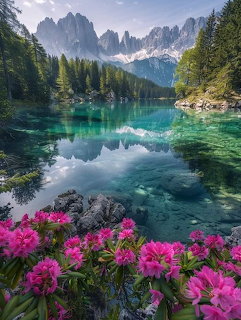 Turquoise alpine lake with pink rhododendron flowers, pine trees, and rocky mountain peaks