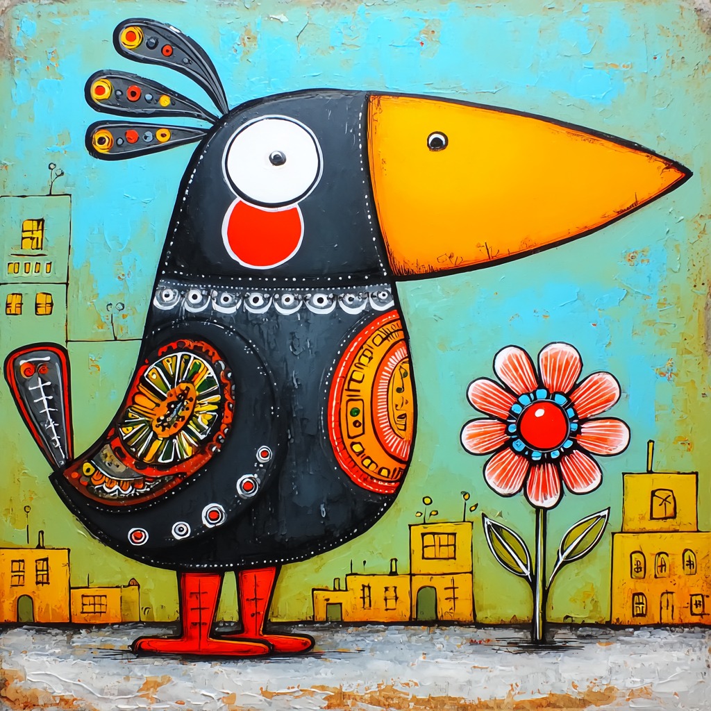 Stylized black bird with a large orange beak next to a pink flower in a folk-art scene