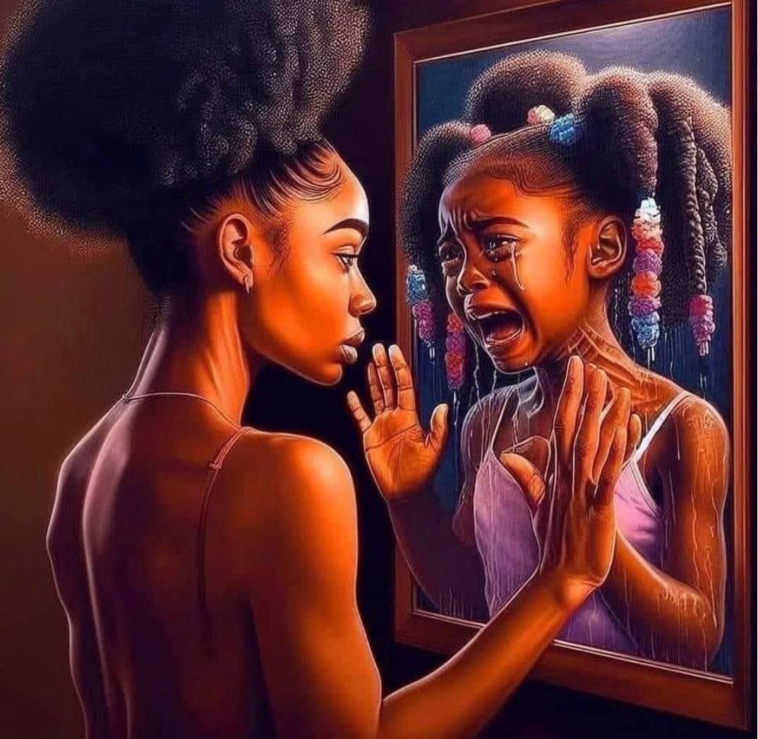 Woman touching mirror showing her smiling reflection, warm golden lighting, digital art