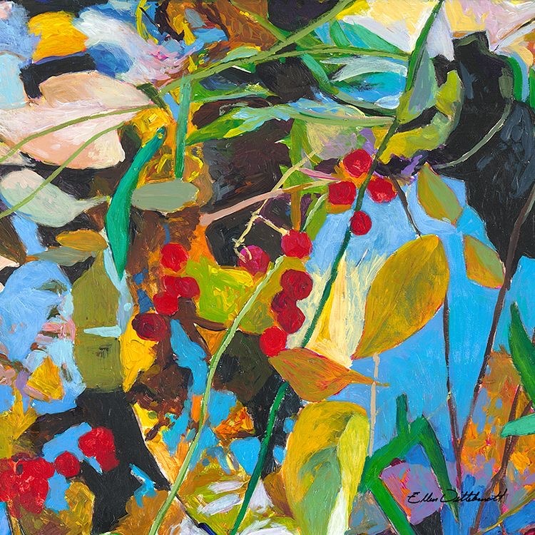 Abstract painting of leaves, branches, and red berries in bright blue, green, and yellow colors