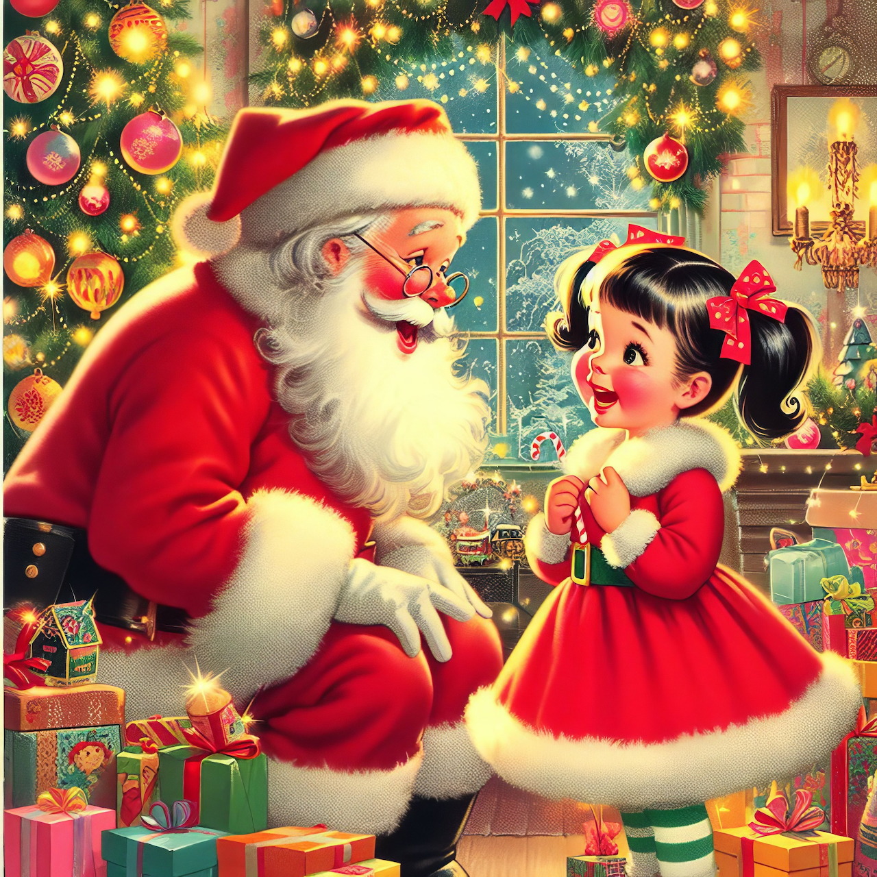 Santa Claus and young girl in red dress beside Christmas tree with presents and window decorations