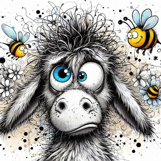 Whimsical drawing of a grumpy donkey face with big blue eyes and cartoon bees flying around