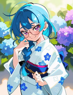Anime girl with long blue hair, glasses, wearing white yukata with blue flowers, standing among hydrangeas
