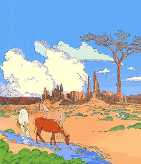 Illustration of horses drinking at a stream in a desert with rock formations and clouds