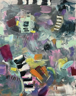 Abstract painting with colorful brushstrokes and geometric shapes in purple, green, orange, and pink on gray