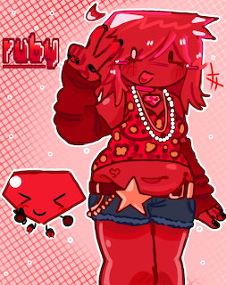 Anime-style fan art of Ruby from BFDI as a human girl in red sweater with the red gem character nearby