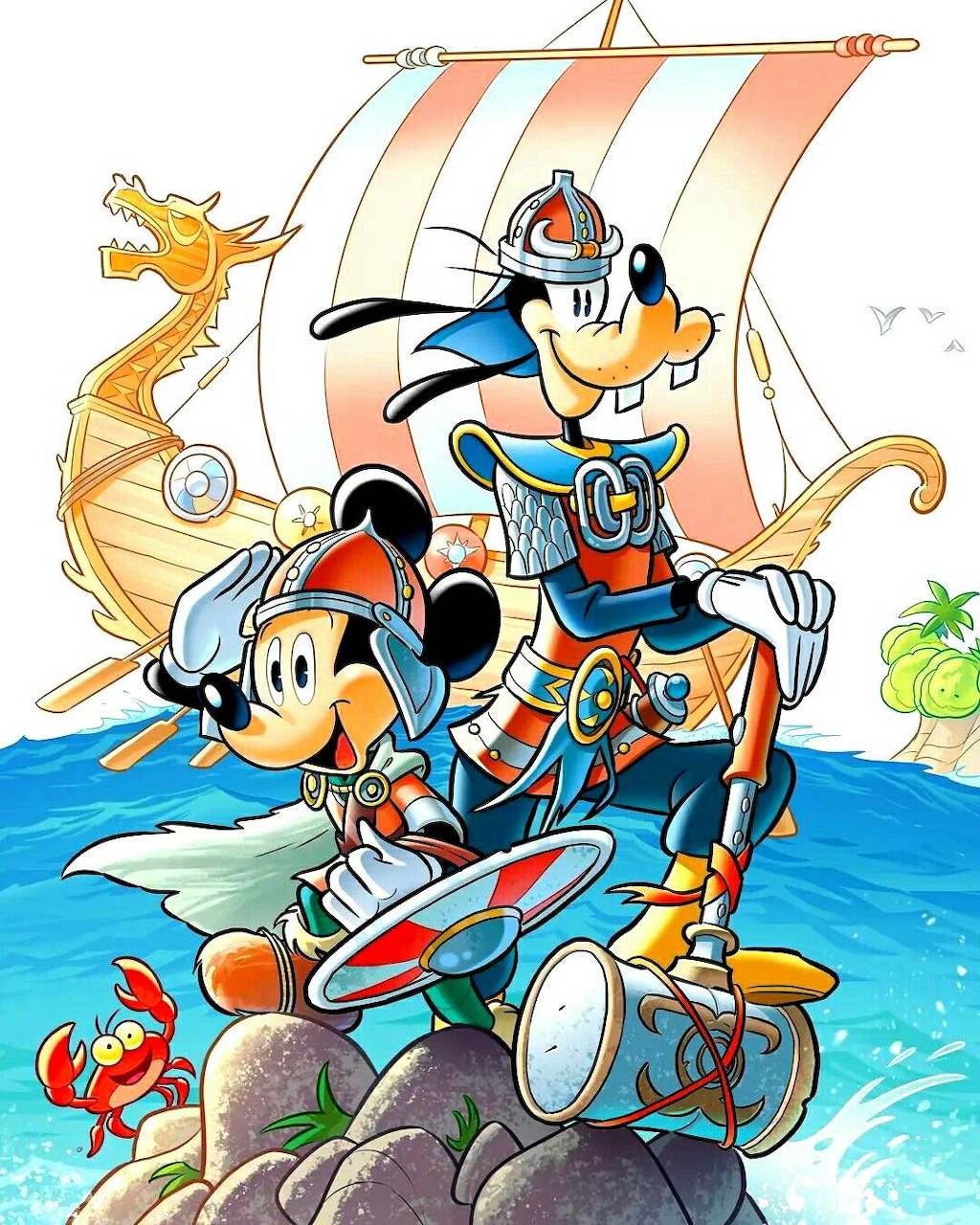 Mickey Mouse and Goofy in pirate costumes aboard a ship with orange striped sails on blue ocean water