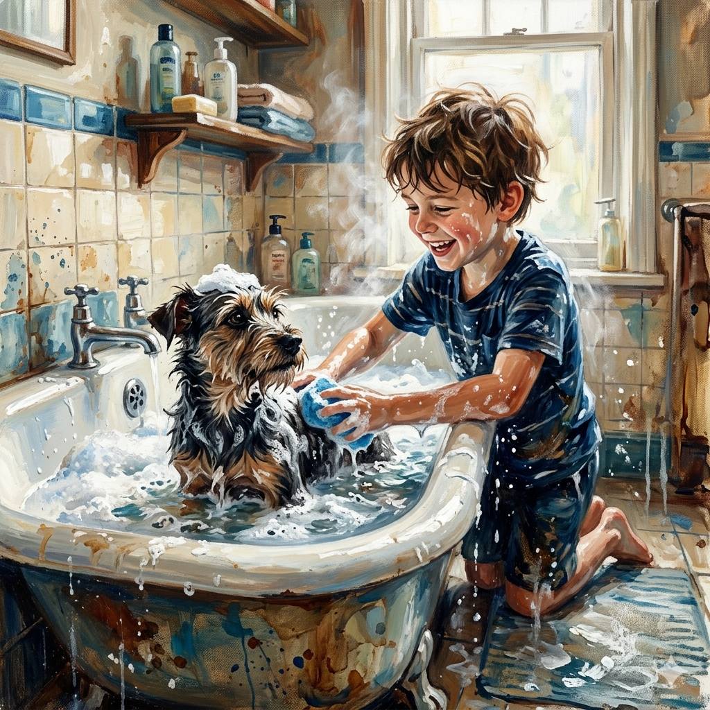 Boy Washing Dog in Sink