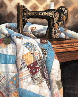 Watercolor painting of a vintage black Singer sewing machine with a patchwork quilt on a wooden table