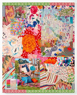 Colorful contemporary art collage with patterned fabrics, flowers, and interior scenes