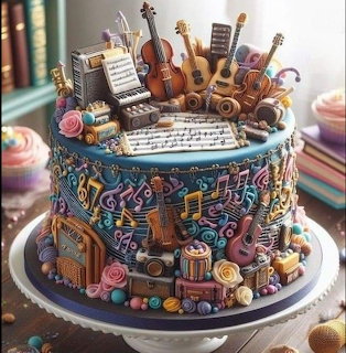 Decorative cake with musical instruments and notes on top, placed on white cake stand