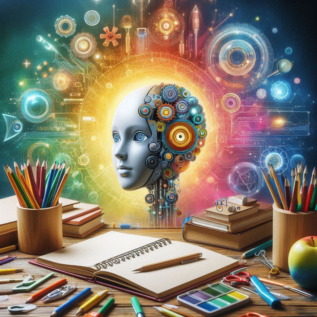 Futuristic AI head with gears and cosmic background above creative workspace with art supplies and books