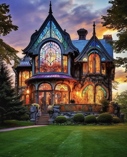 Stained glass illustration of a colorful house with geometric panels