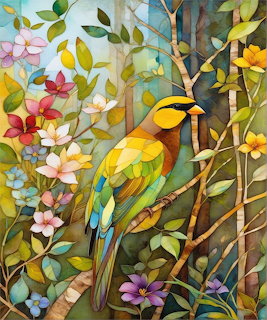 Stained glass mosaic of a yellow and green bird on flowering branches with multicolored blooms