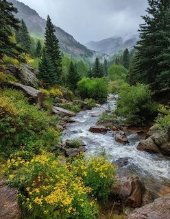Mountain stream flowing over rocks through a forested landscape
