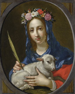 Baroque painting of Saint Agnes with flower crown, holding a white lamb and palm frond, in blue and red robes.