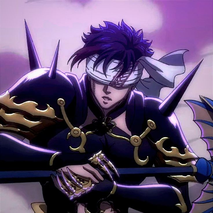 Anime warrior with dark spiky hair wearing elaborate purple and gold armor against purple cloudy sky