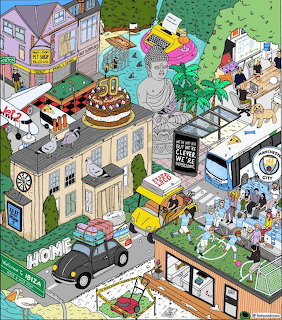 Detailed cartoon illustration of a busy urban street scene with buildings, vehicles, people, and quirky elements