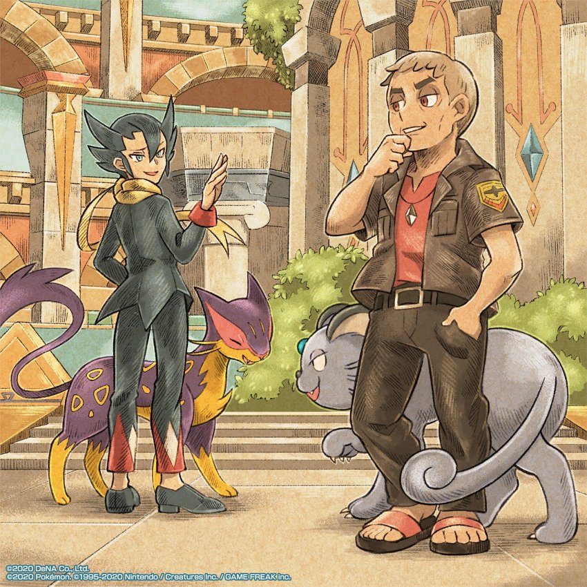 Two anime trainers with dragon-like creatures standing in a village square