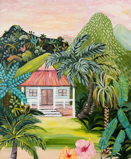 Painting of white cottage in tropical garden with palm trees, vibrant foliage, and pink hibiscus flowers