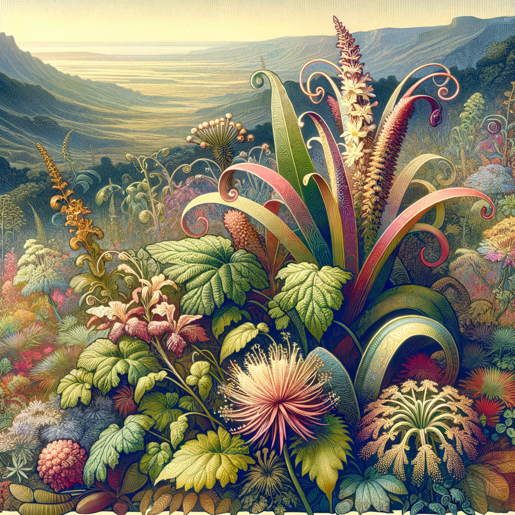 Vibrant fantasy illustration with exotic colorful plants, flowers, and curved forms against a mountain coastal backdrop