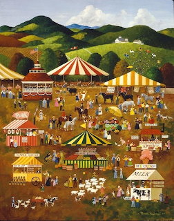 Folk art painting of a bustling country fair with tents, animals, and people against green hills