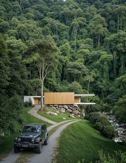 Modern wooden cabin surrounded by dense green forest with a Jeep on a gravel driveway
