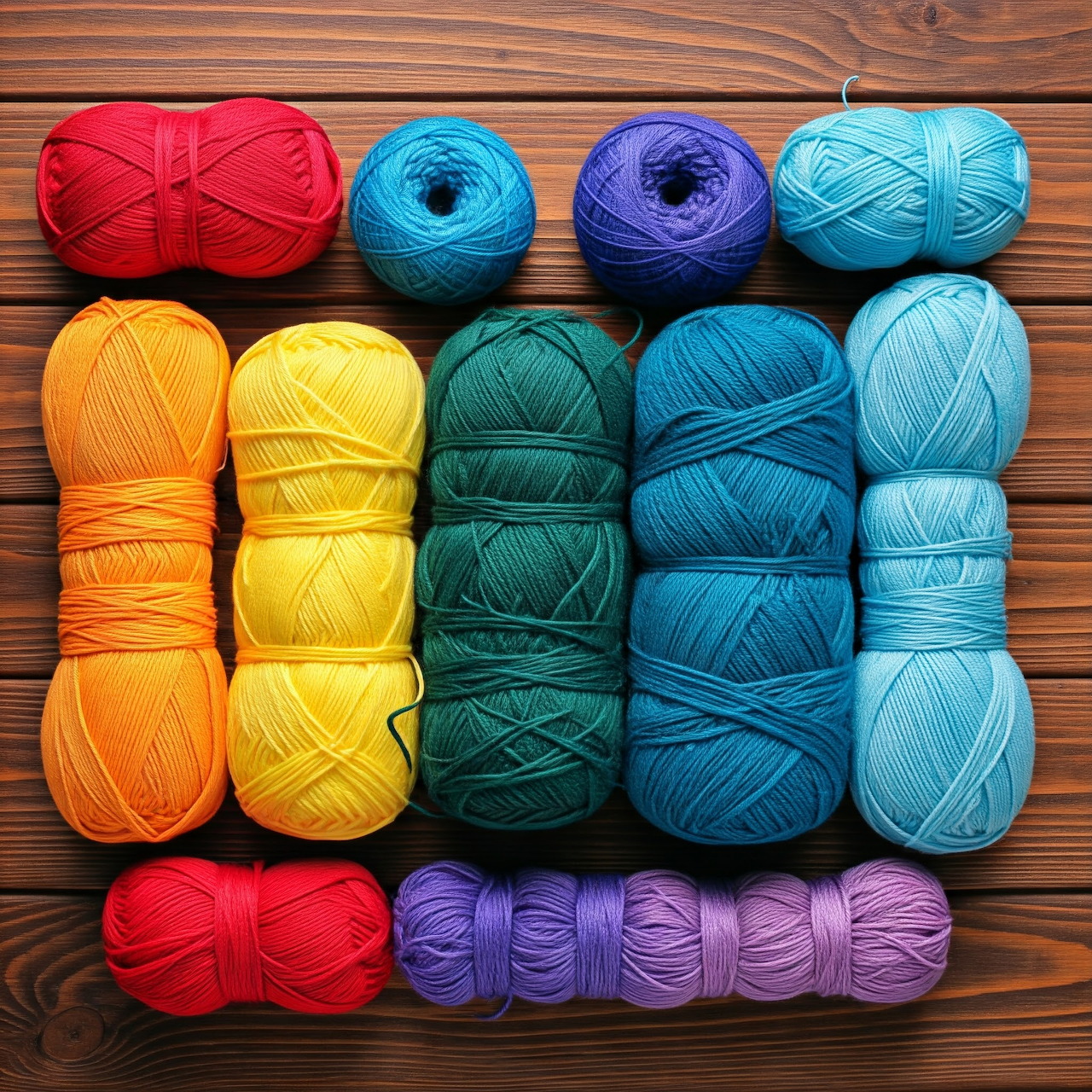 Colorful yarn balls arranged in a rainbow gradient on wooden background