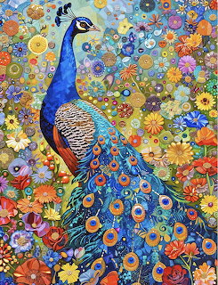 Colorful illustration of a peacock surrounded by vibrant flowers and decorative circular patterns