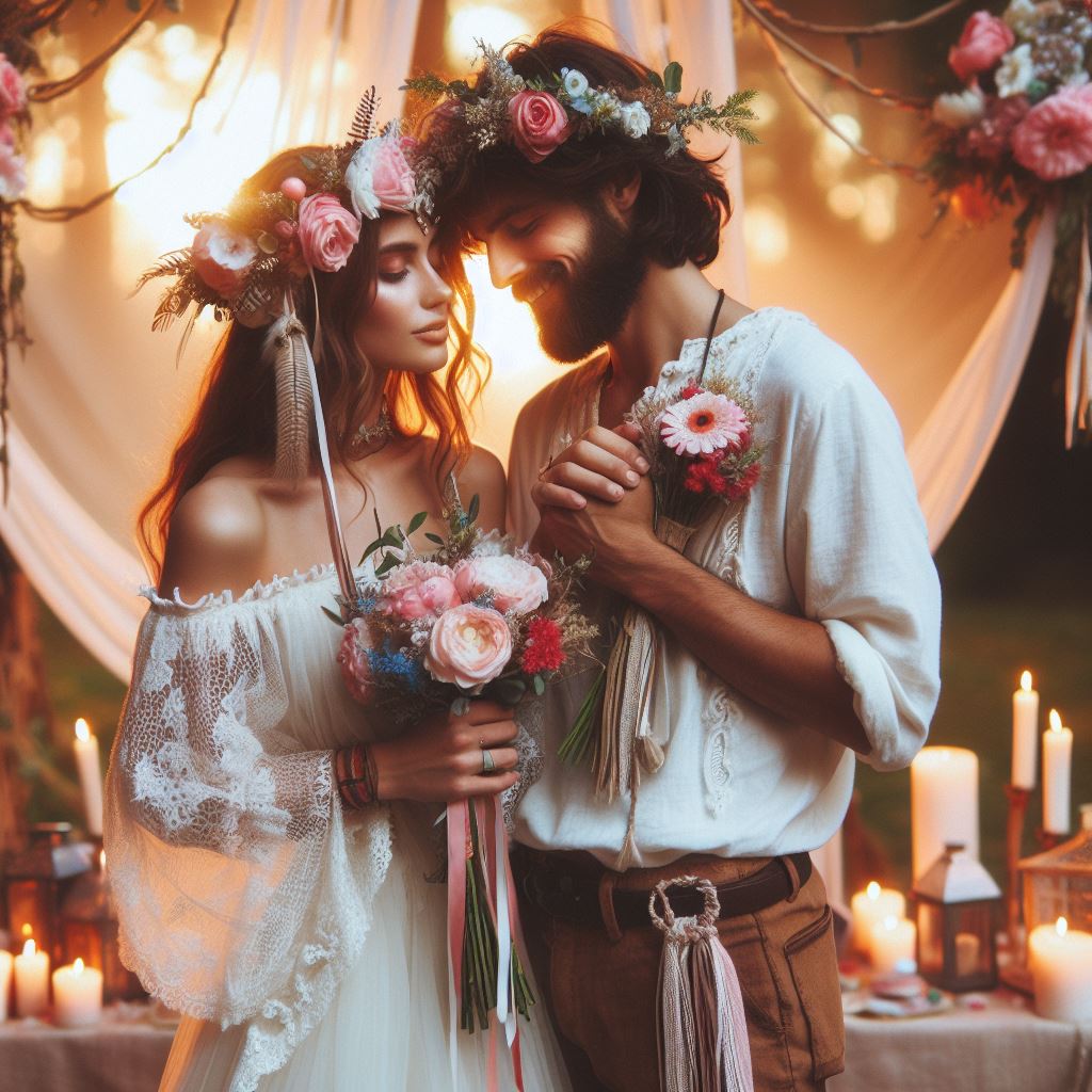 Couple in bohemian wedding attire with flower crowns embracing, holding bouquet amid candles and flowers