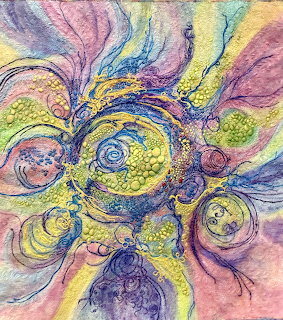 Abstract watercolor art with colorful swirling spirals and circles in pastel blues, yellows, pinks, and purples