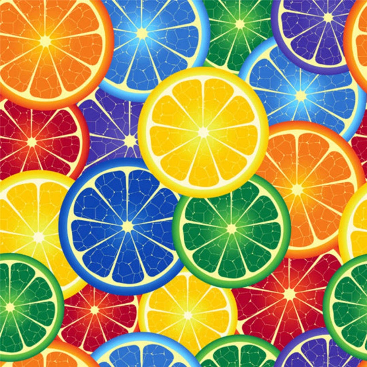 Repeating pattern of multi-colored citrus fruit slices arranged in rows showing segments radiating from centers