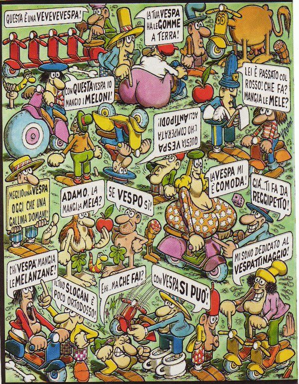 Crowded cartoon scene with many people on colorful Vespa scooters with speech bubbles and detailed background elements