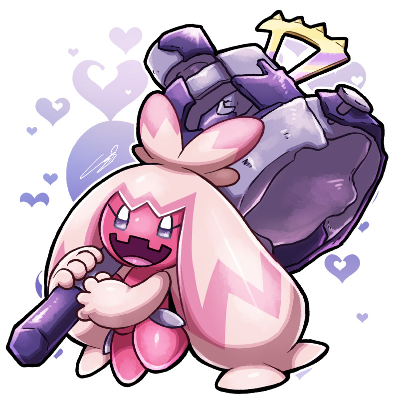 Pink Pokemon Tinkaton character with purple armor holding oversized hammer on light background with hearts