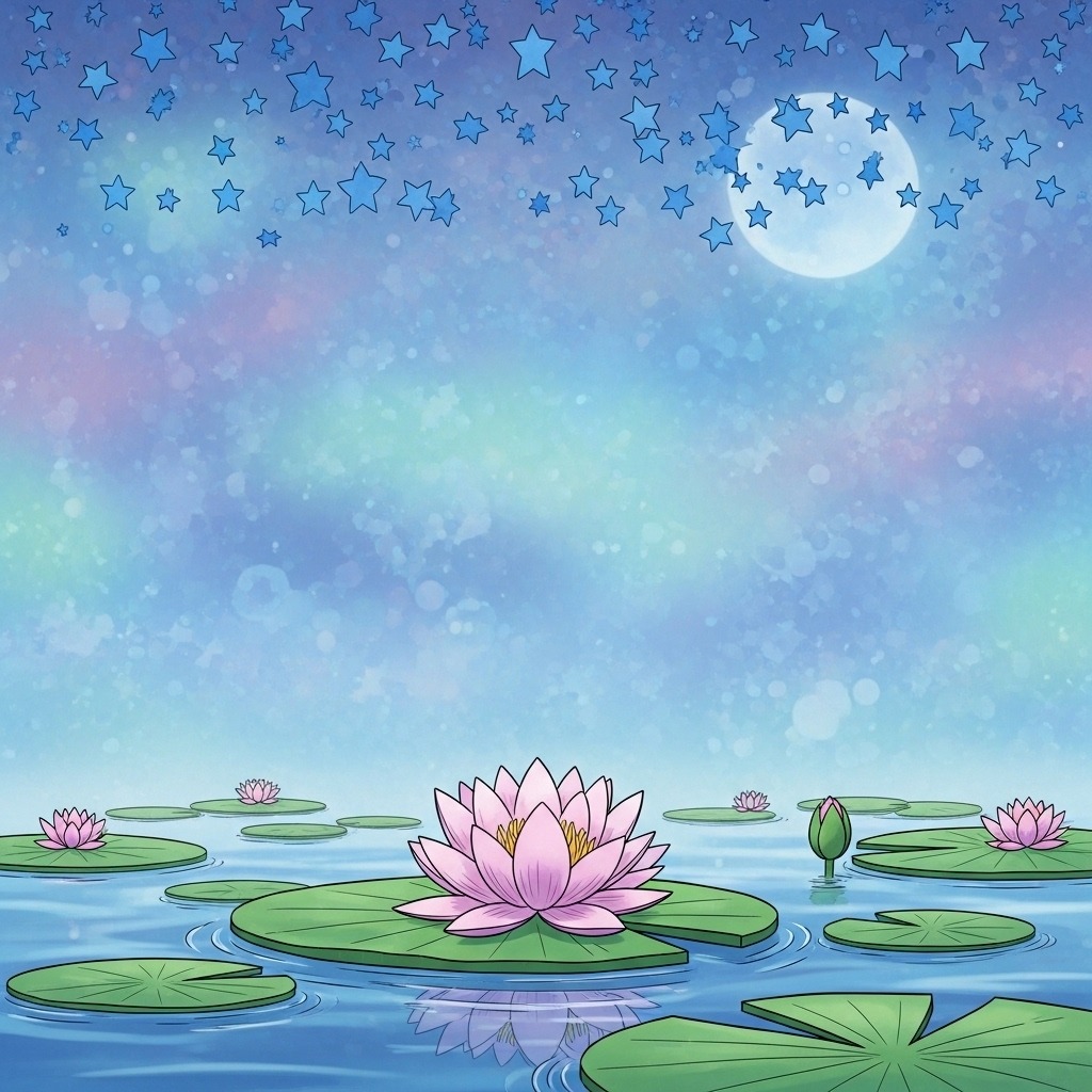 Pink lotus flower on lily pads under a moonlit pastel sky
