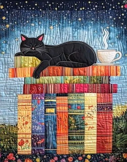Quilted fabric art showing a black cat lounging on stacked colorful books under a starry night sky