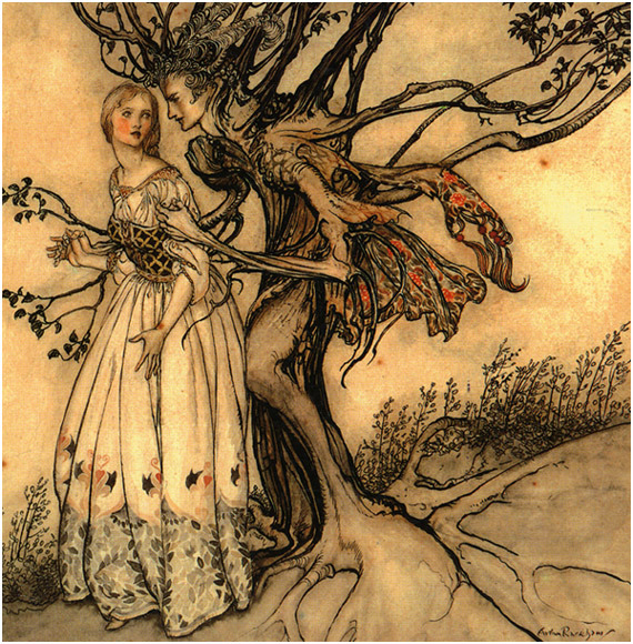Vintage fantasy illustration of a woman in a white dress beside a twisted anthropomorphic tree