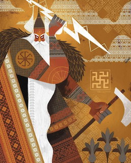 Stylized illustration of a bearded warrior god with axes, lightning bolt, and ornate Slavic patterned robes