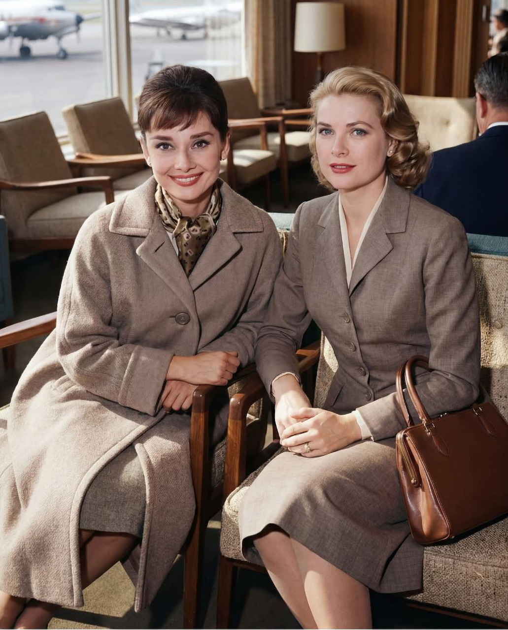 Black and white portrait of Audrey Hepburn and Grace Kelly