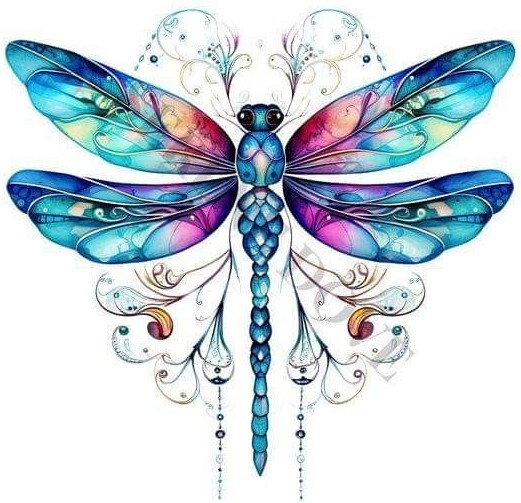 Colorful watercolor illustration of a dragonfly with blue, pink and purple iridescent wings and ornamental swirls