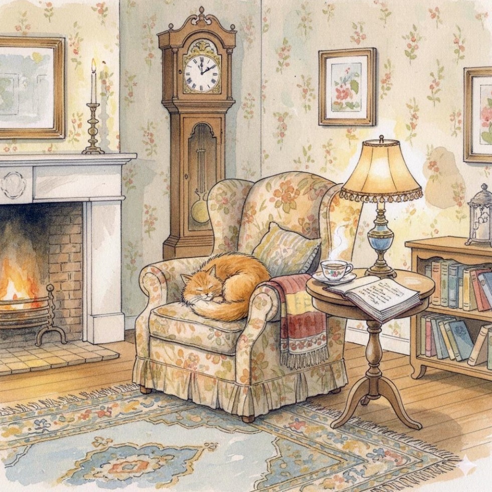 Sleeping ginger cat in an armchair by a lit fireplace in a cozy vintage room