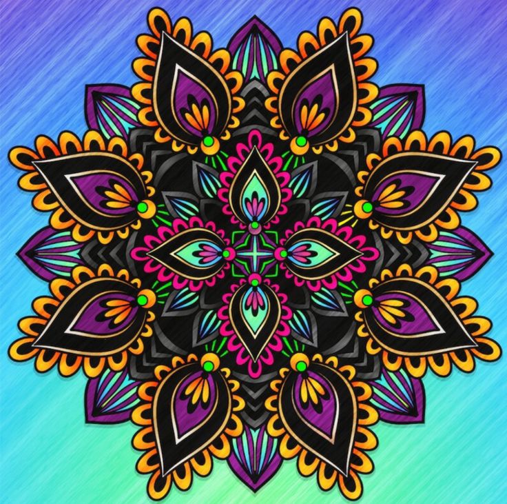 Symmetrical mandala with purple petals, orange borders, and teal accents on blue-to-teal gradient background