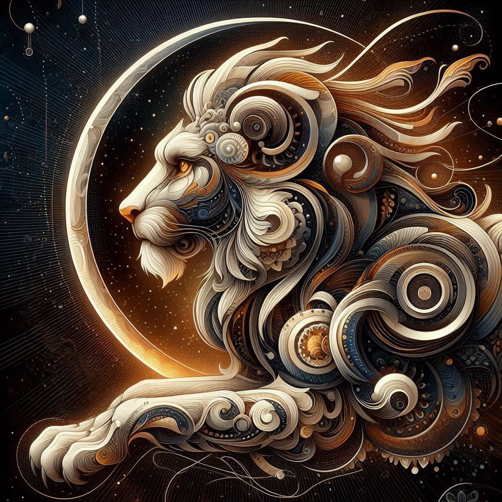 Stylized Leo zodiac lion beside a glowing crescent moon in a starry night sky